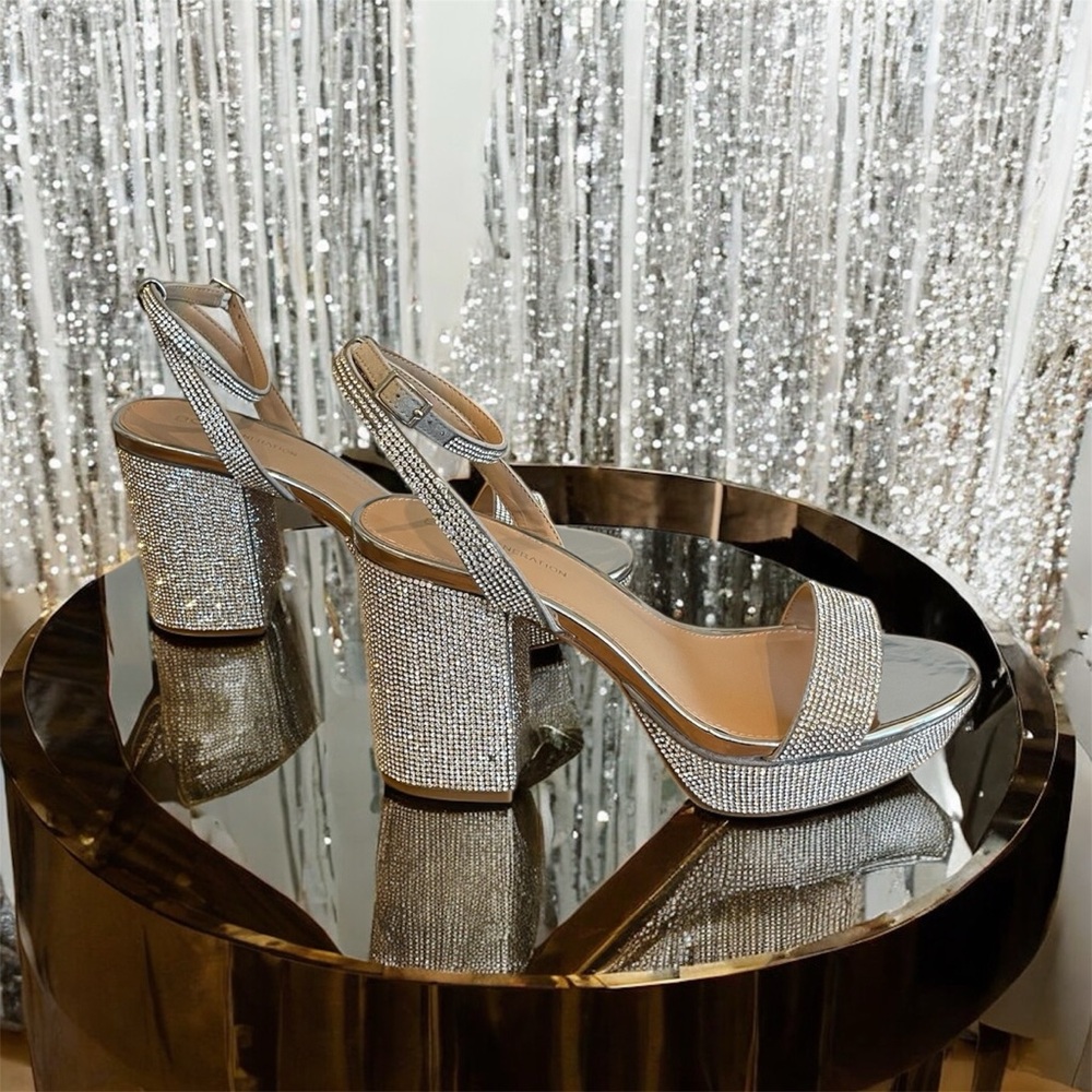 BCBGeneration Silver Pristal Rhinestone Platform Dress Sandals  - Size 8.5